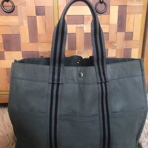 Canvas Tote Bag with Striped Handles - Gray